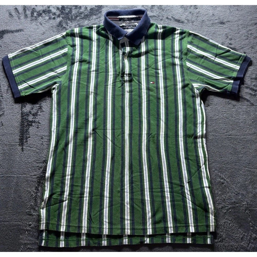 Vintage Tommy Hilfiger Green, Blue & White Striped Short Sleeve Polo Shirt Sz. L